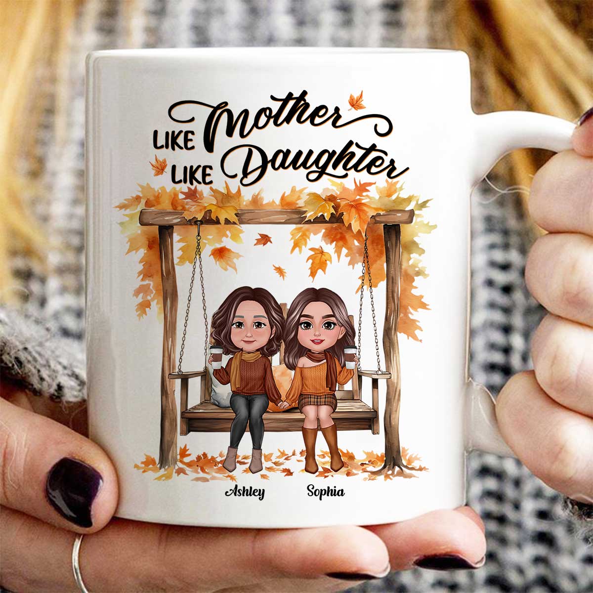 Fall Season Mother Daughters On Swing Personalized Mug