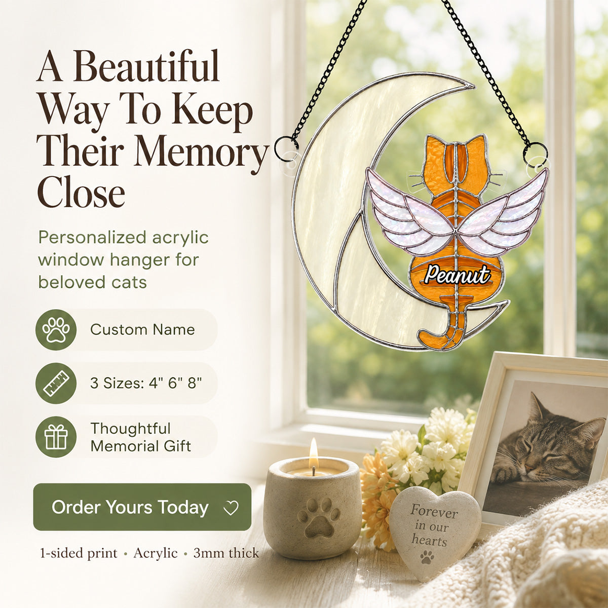 Cat Sitting On Moon Memorial Pet Loss - Personalized Acrylic Window Hanging - Pet Memorial Gift, Pet Loss Sympathy Gift
