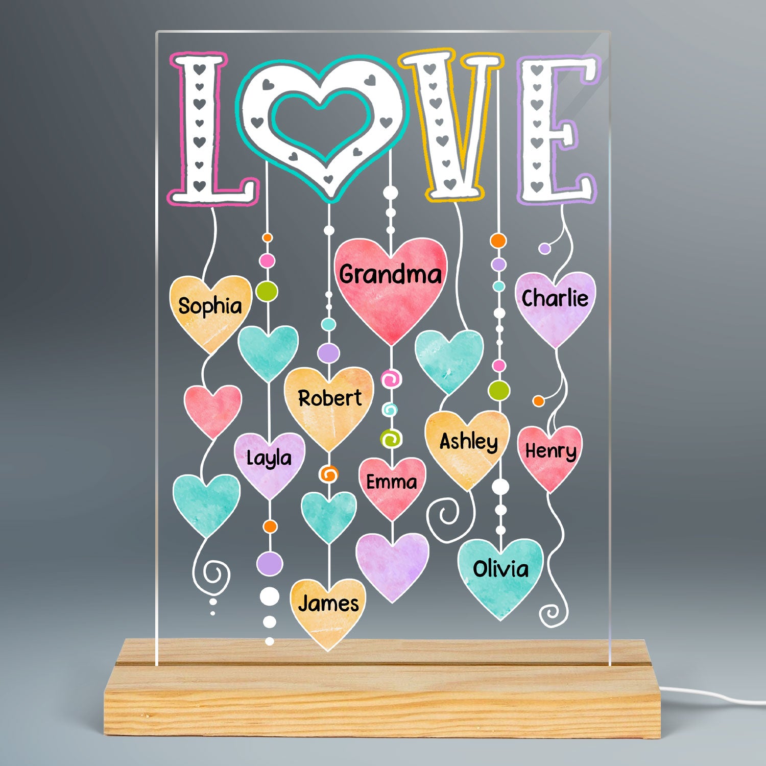 LOVE Grandma Grandkids Name Hearts Personalized Rectangle Acrylic Plaque With LED Night Light
