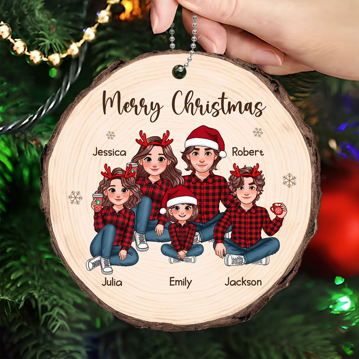 Animated Family Wood Slice Christmas Personalized Wooden Ornament
