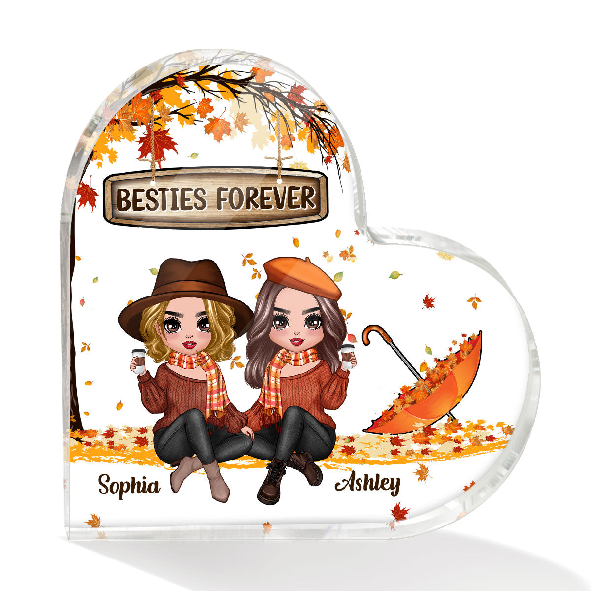 Fall Season Best Friends Sisters Under Tree Personalized Heart Acrylic Plaque