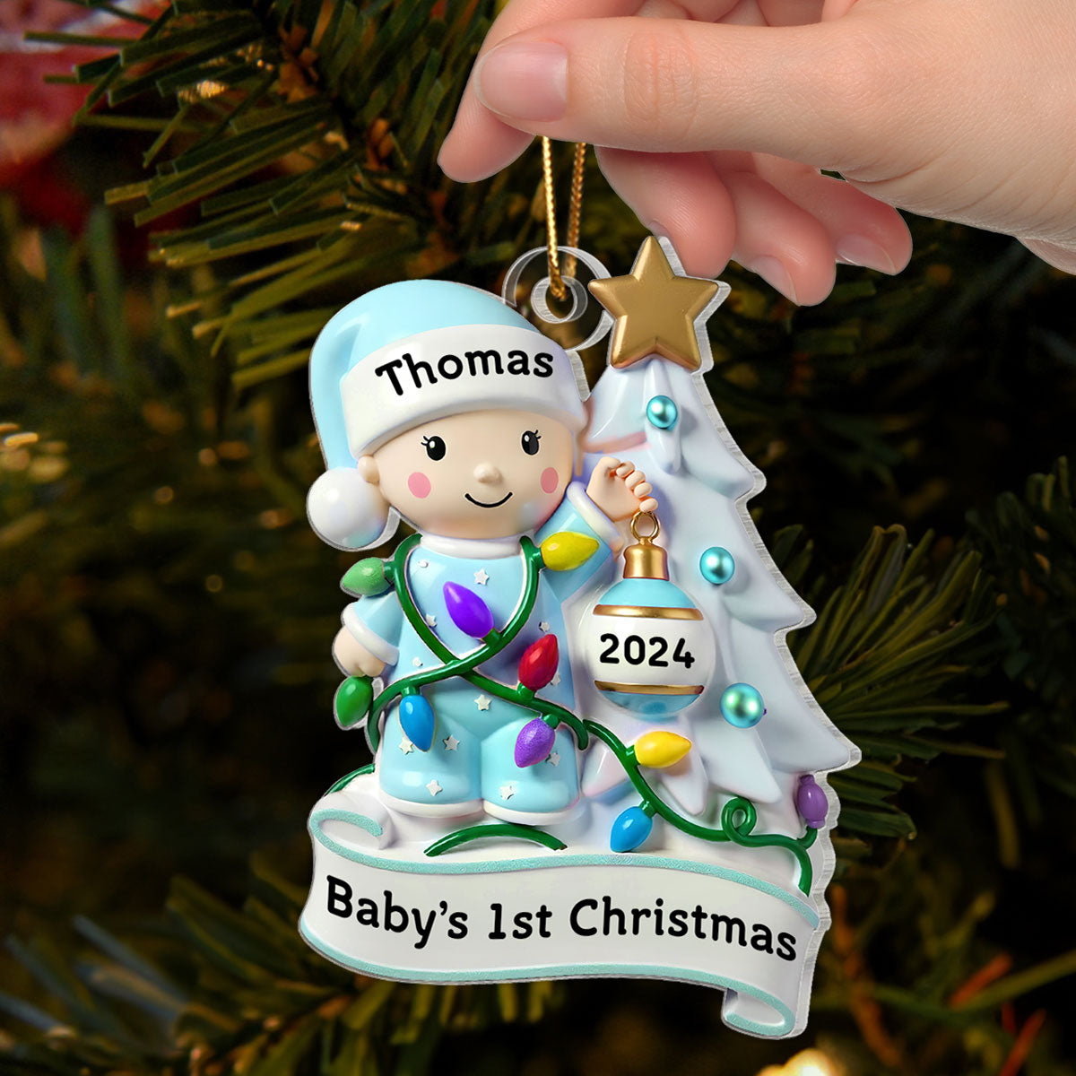 Baby Beside Christmas Tree 3D Effect Baby's First Christmas Personalized Acrylic Flat Ornament