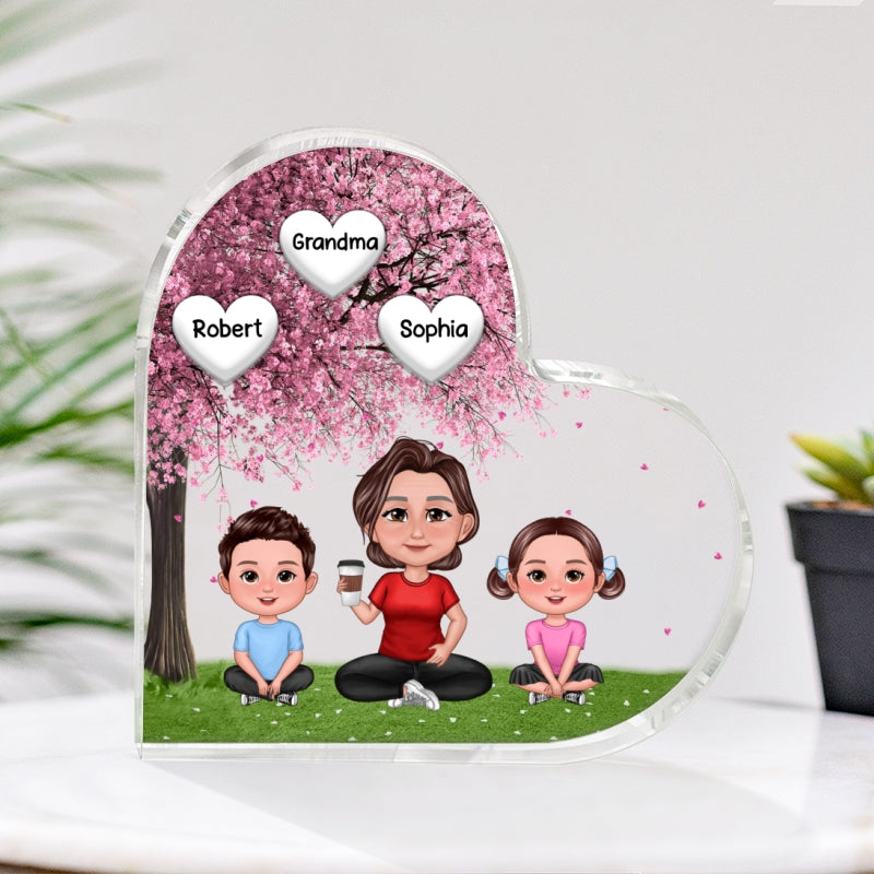 Pretty Doll Grandma Grandkids Under Blossom Tree Personalized Acrylic Heart Plaque