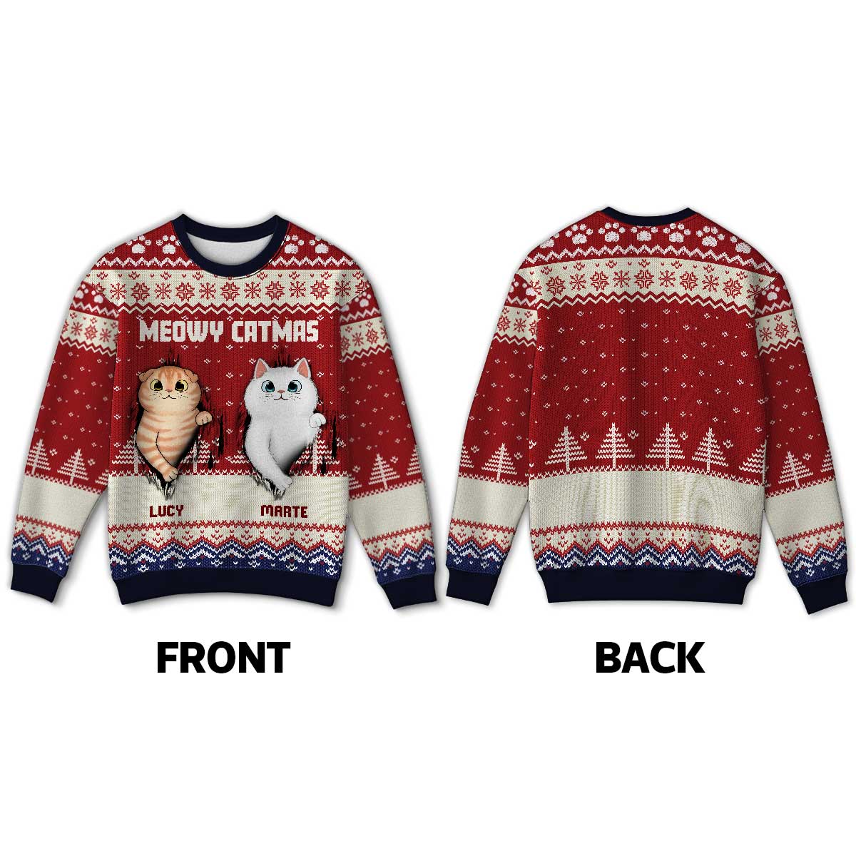 Fluffy Cat Tearing Funny Gift For Cat Lover Personalized Faux Knit Ugly Sweater