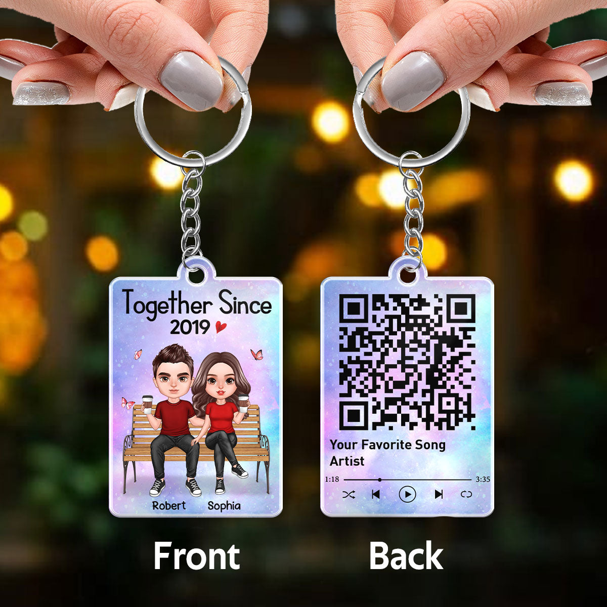 Realistic Doll Couple Sitting On Chair Favorite Song QR Code Personalized Acrylic Keychain