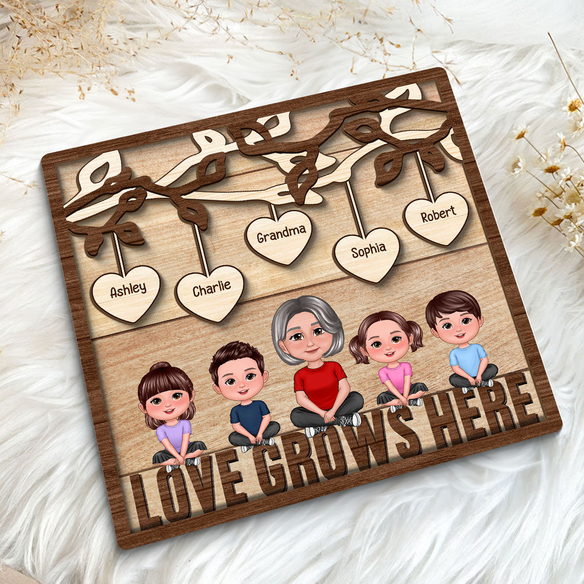 Love Grows Here Grandma Grandkids Personalized 2-Layer Wooden Plaque