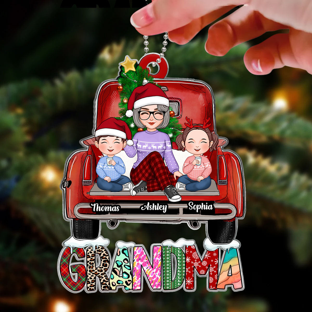 Grandma Grandkids Sitting On Truck Christmas Pattern Personalized Acrylic Ornament