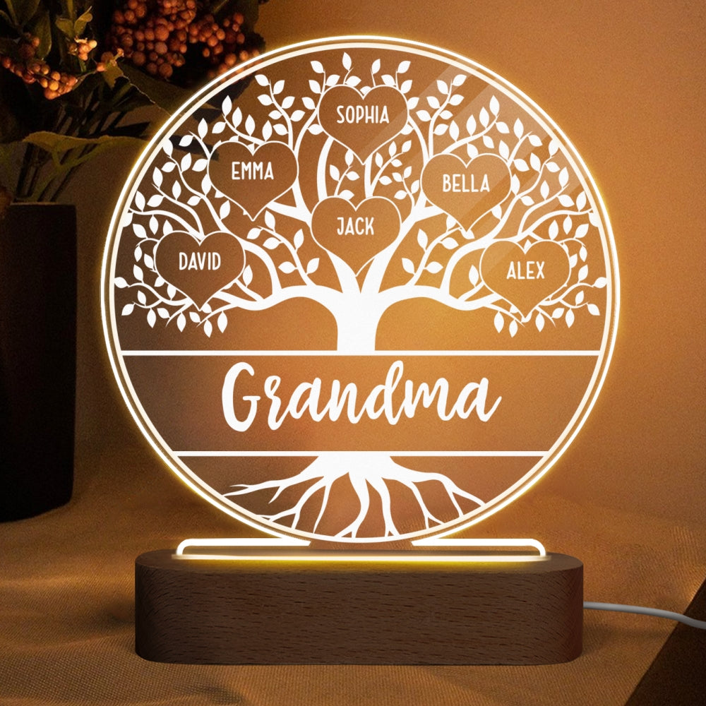 Grandma Family Tree Name Personalized Circle Acrylic Plaque With LED Night Light - Gift for Grandma, Nana, Mom