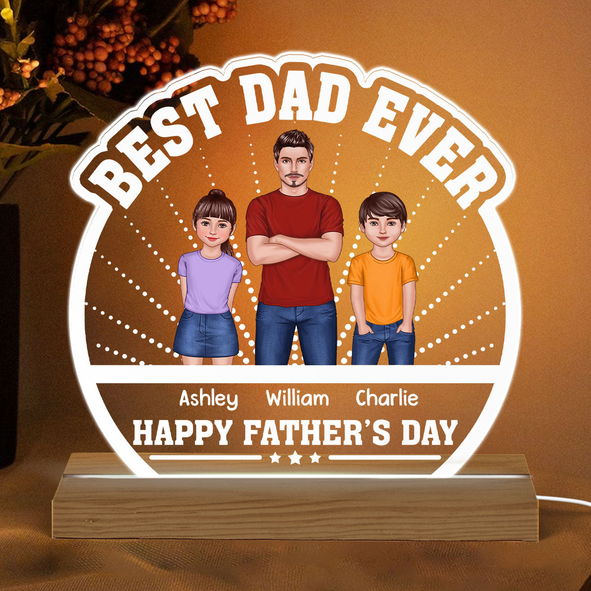 Best Dad Ever Happy Father‘s Day Man And Kids Standing Front View Personalized Warm Acrylic Custom Shape LED Night Light