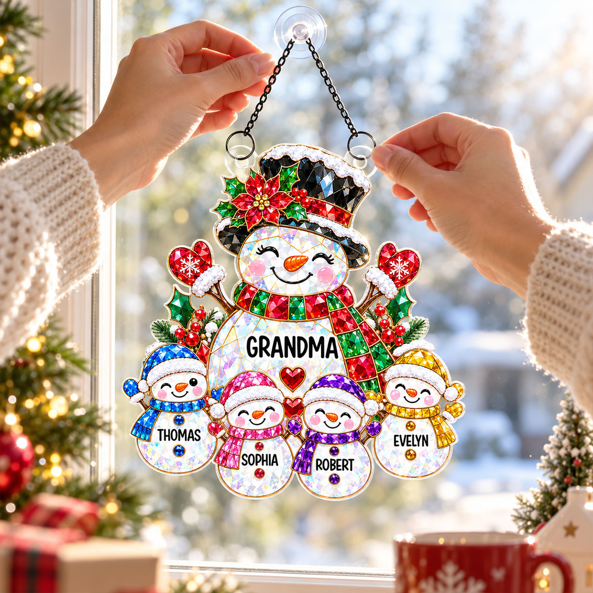Grandma's Little Snowmen - Personalized Acrylic Window Hanging - Christmas Gift For Grandma