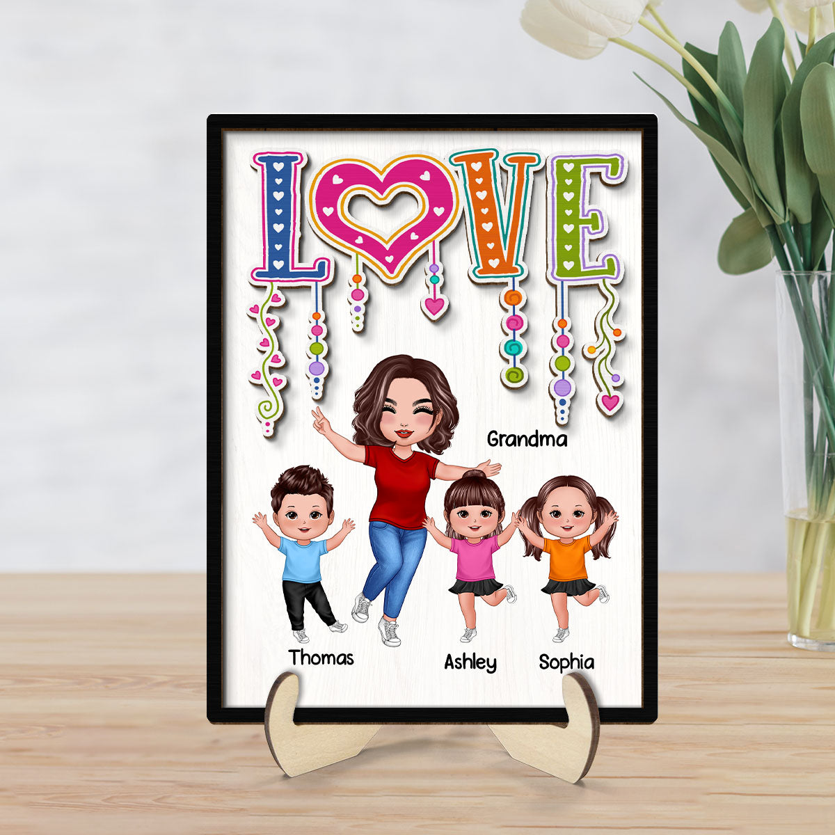 LOVE Happy Doll Grandma Mom With Kids Personalized 2-Layer Wooden Plaque