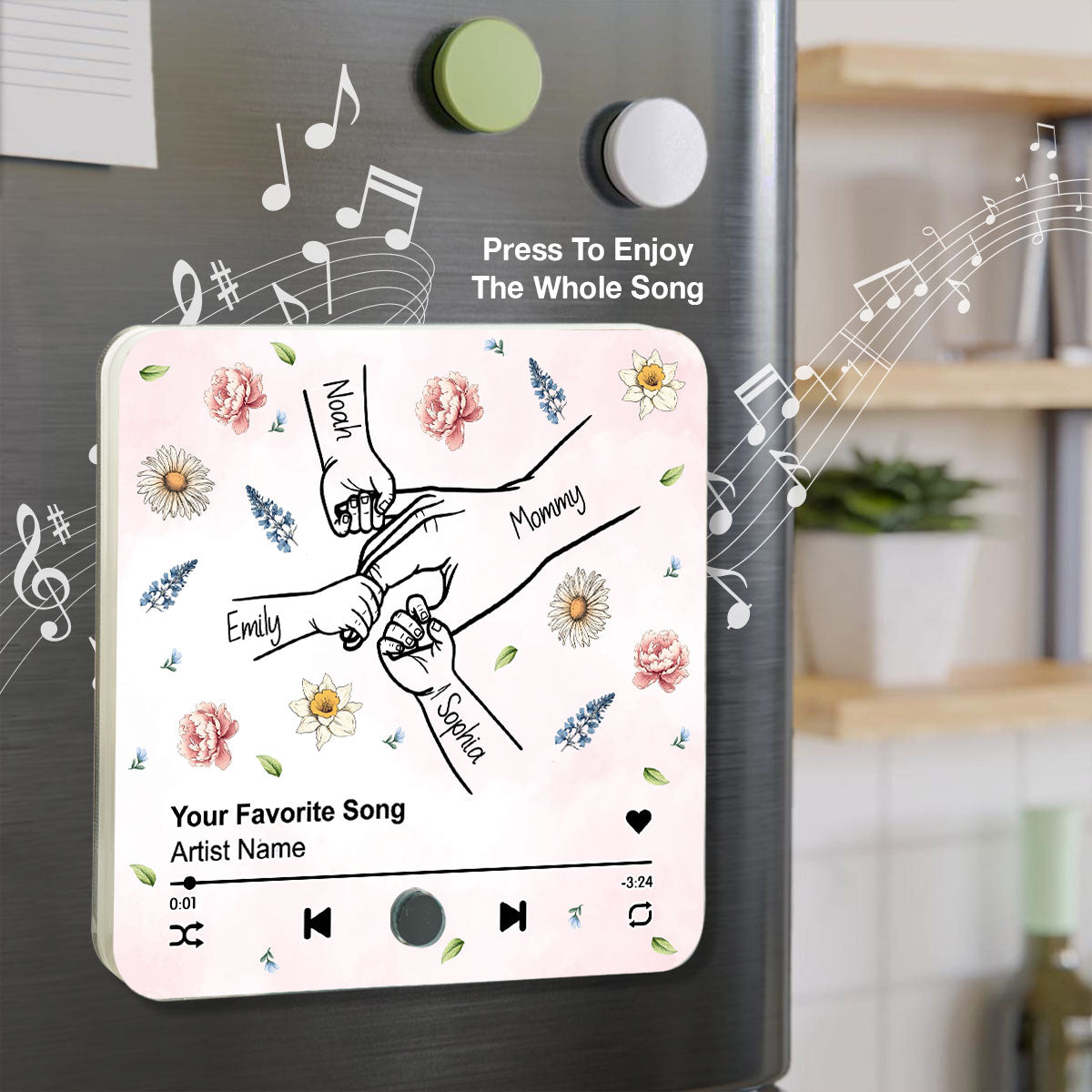 Mom Grandma And Kids Holding Hands Birth Month Flower Personalized Music Fridge Magnet, Gift for Mom