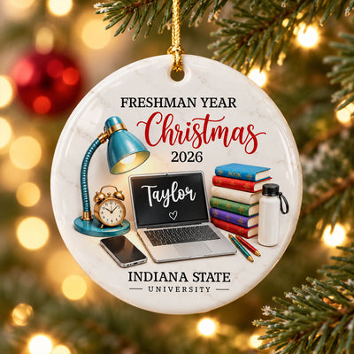 Freshman Year Christmas Study Desk – Personalized Ceramic Ornament – College Student Christmas Gift, First Year Keepsake