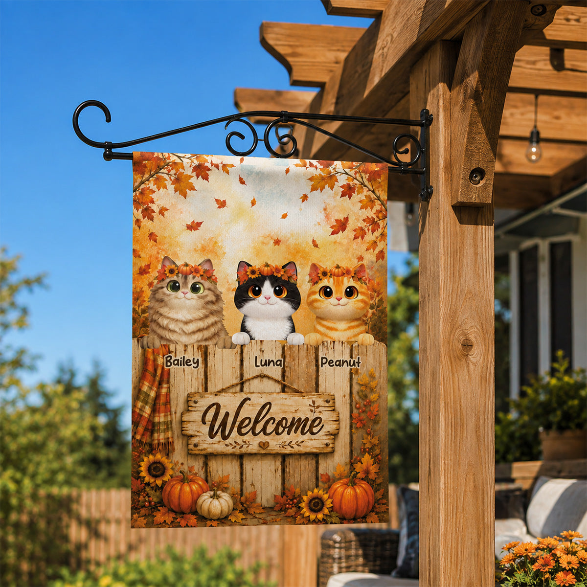 Cozy Fall Welcome Cats Peeking On Fence - Personalized Garden Flag - Fall Season Decoration