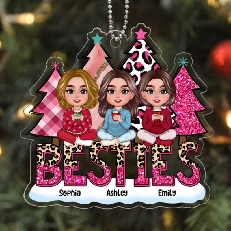 Pink Leopard Christmas Tree Doll Besties Sitting Personalized Acrylic Ornament