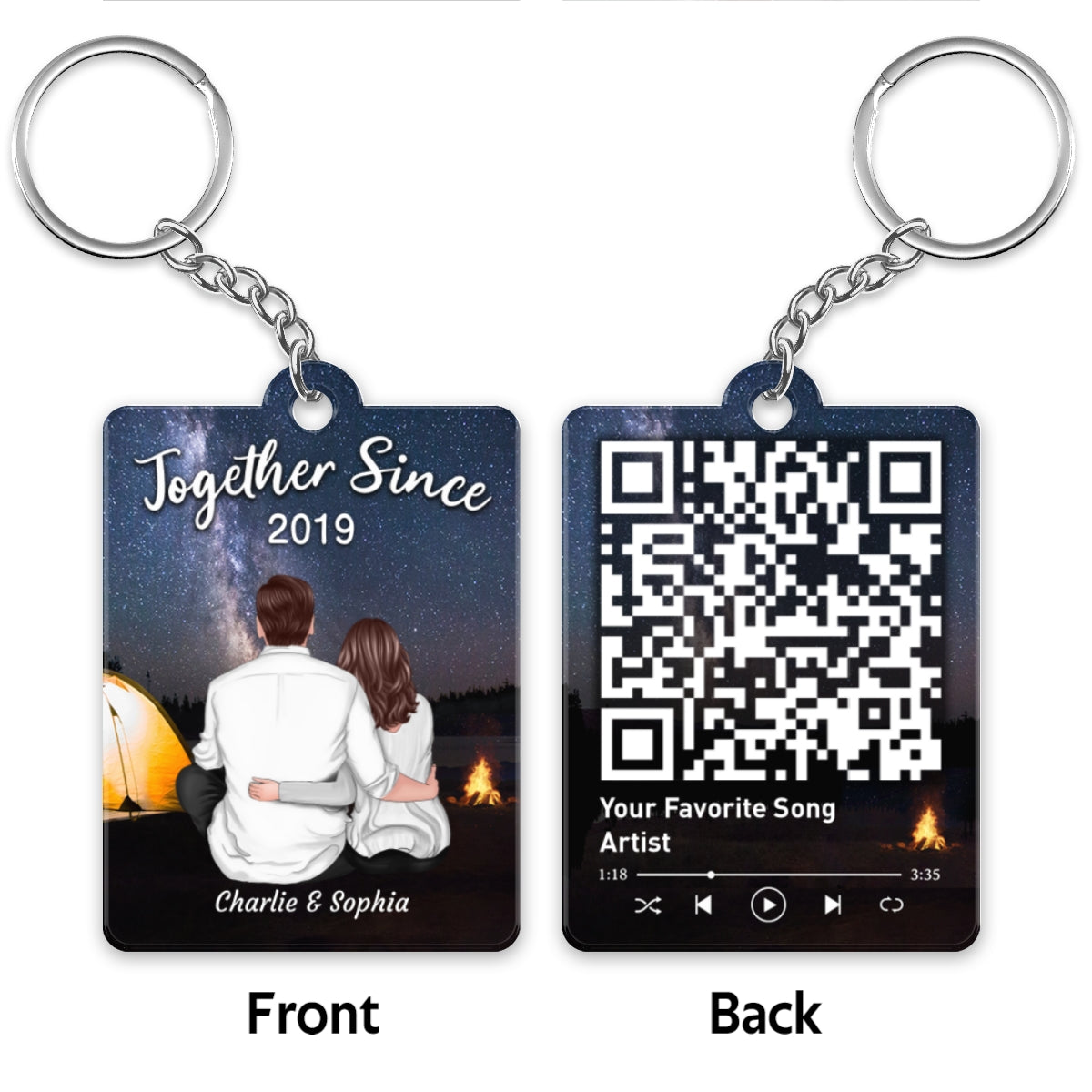 Couple Back View Sitting Tent Bonfire Favorite Song QR Code Personalized Acrylic Keychain