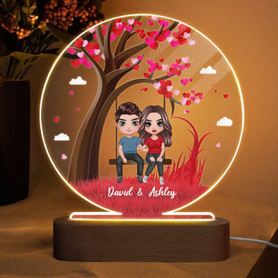 Hugging Couple Heart Tree Personalized Acrylic Circle LED Lamp Night Light