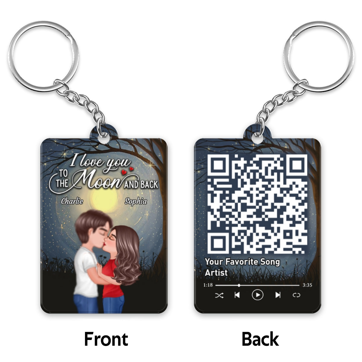 Doll Couple Kissing In The Moon Night Favorite Song Scannable QR Code Personalized Acrylic Keychain