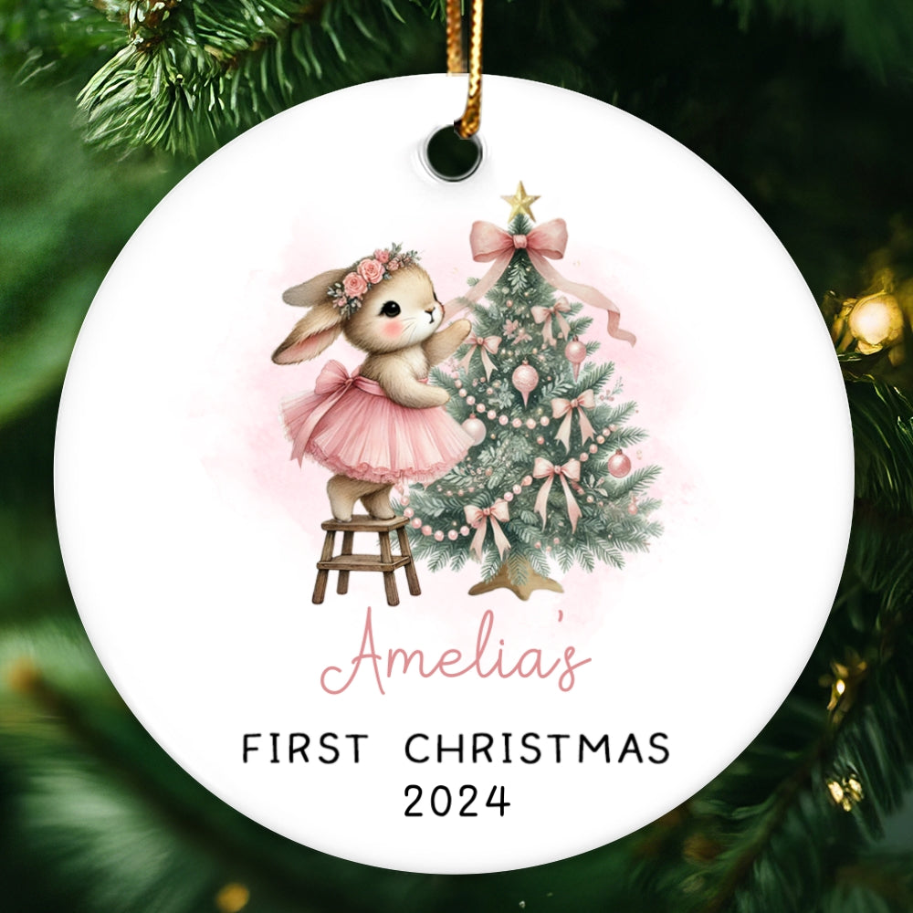 Baby's First Christmas Rabbit Personalized Circle Ceramic Ornament, Baby Girl Name Baby Shower Gift Keepsake
