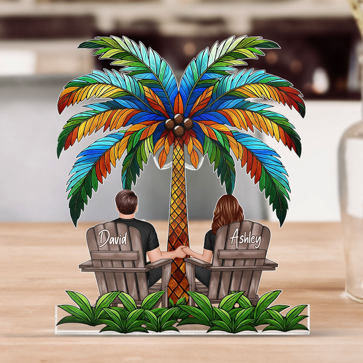 Couple Sitting Under Palm Tree Personalized Acrylic Block Plaque, Summer Decor, Gift for her, Gift for him