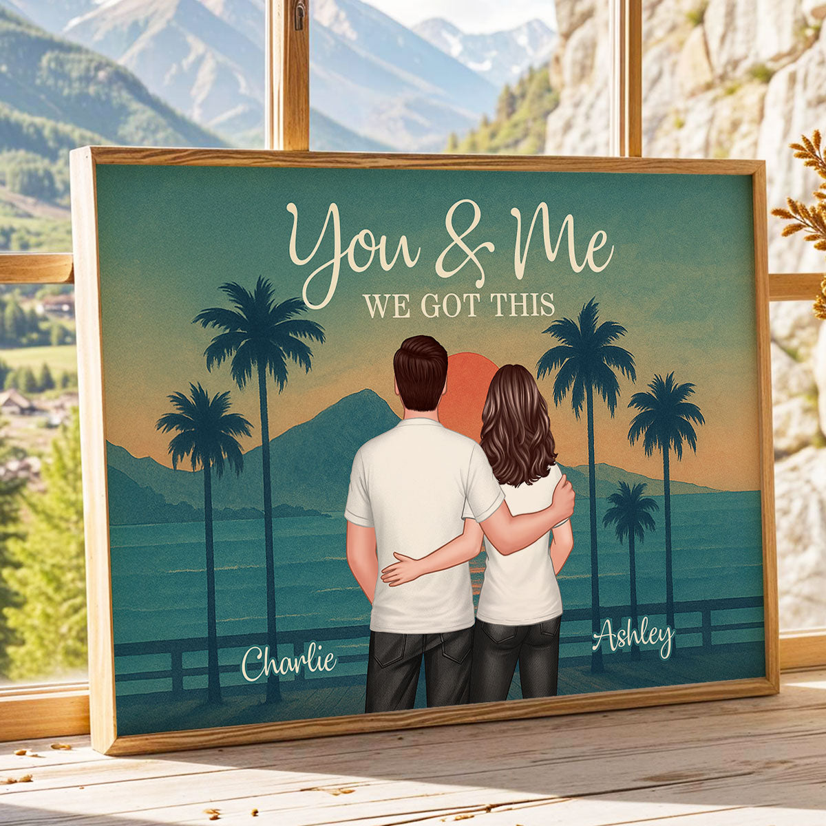 Retro Back View Couple Standing Hugging Personalized Poster, Anniversary gift for him, for her
