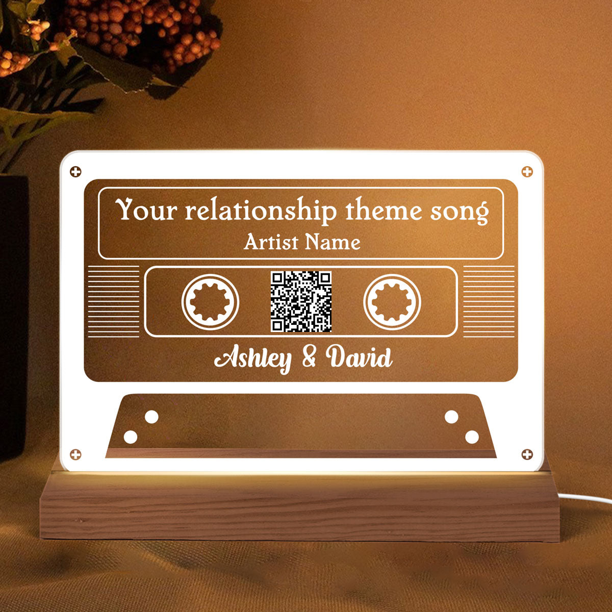 Couple Favorite Song Custom Message Scannable QR Code Personalized Cassette Tape Shaped Acrylic Plaque With LED Night Light