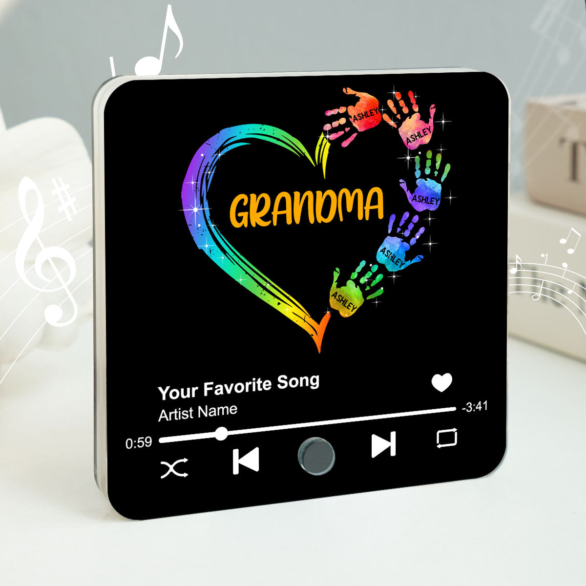 Grandma Mom Heart Hand Print Personalized Music Fridge Magnet, Heartfelt Gift for Grandma, Mom