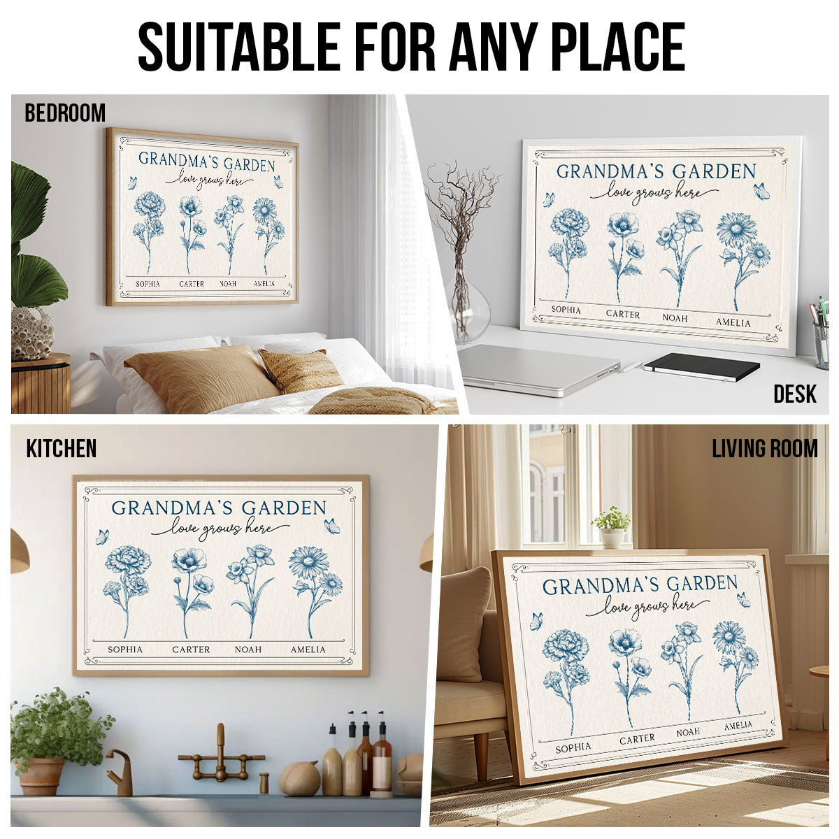 Grandma's Garden Love Grows Here Blue Vingtage Birthmonth Flowers Personalized Poster, Grandkids Names Floral Gift
