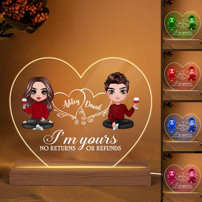 Hearts Doll Couple Sitting I'm Yours No Returns Or Refunds Gift For Him Gift For Her Personalized Custom Shape Acrylic Plaque With LED Night Light