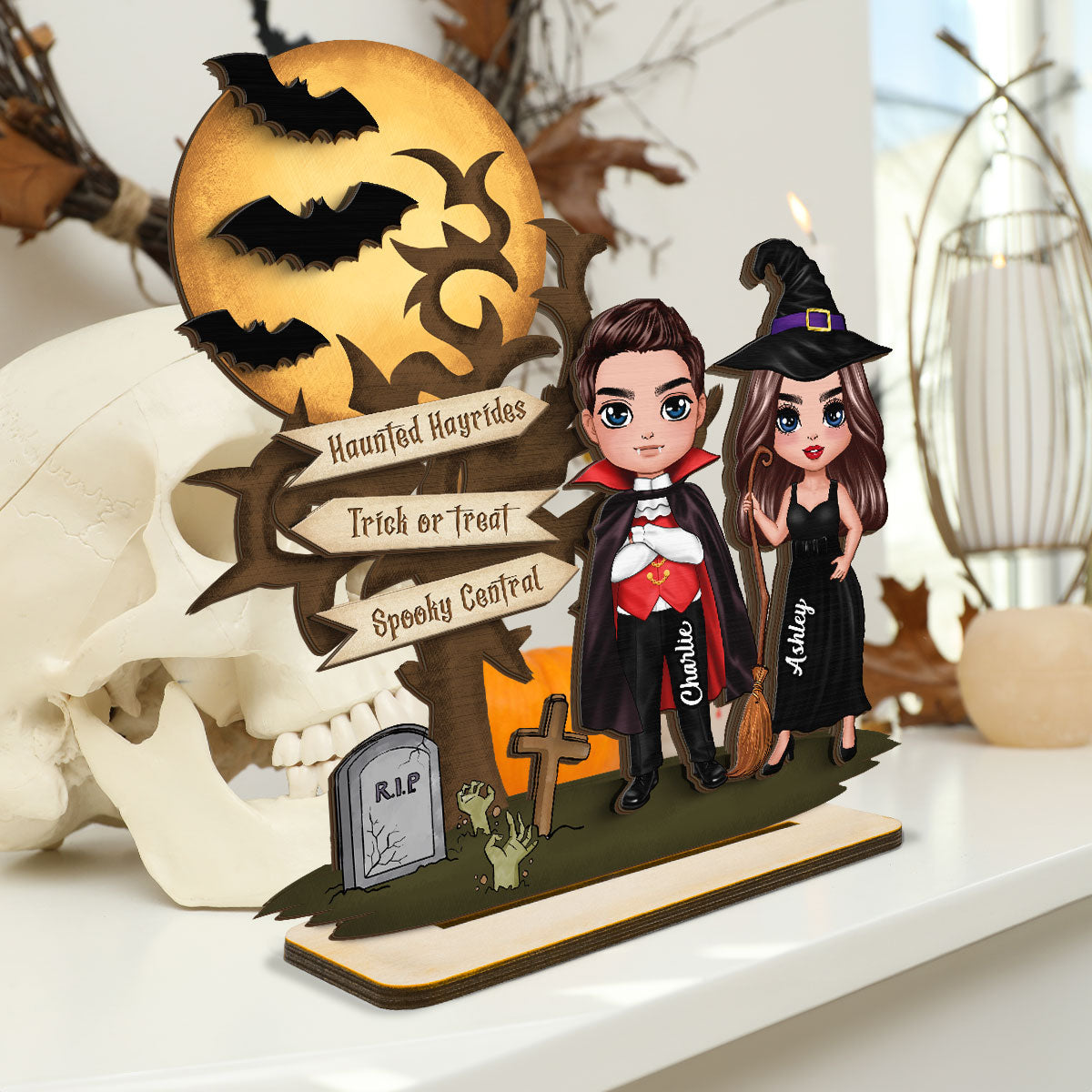 Couple With Moon Bat Tree Halloween Tabletop Tiered Tray Decor Personalized 2-Layer Standing Wooden Plaque