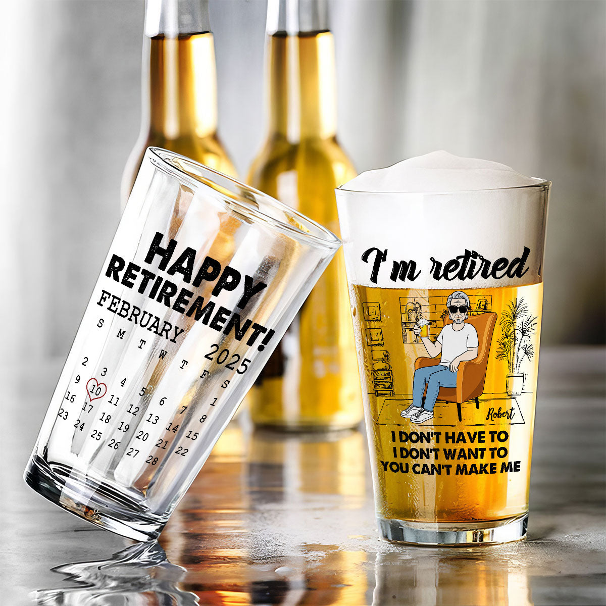 Woman Man Sitting I'm Retired You Can't Make Me Custom Calendar Personalized Beer Glass, Retirement Gift
