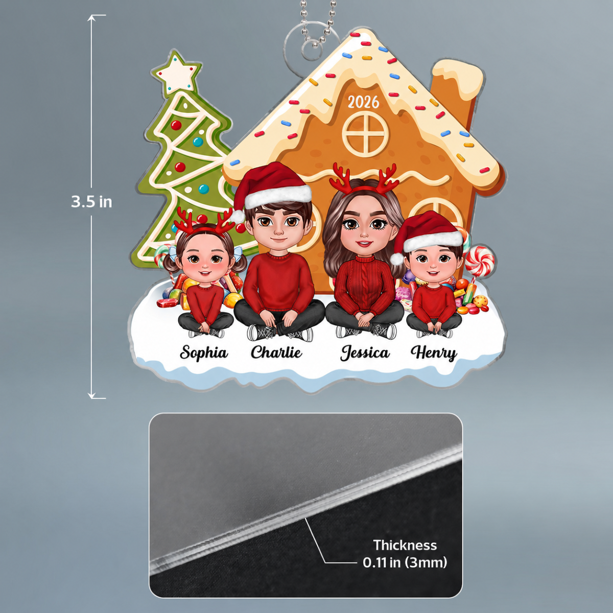 Family Crossed Legs Sitting Christmas Tree Cake Patterned Gingerbread House Personalized Acrylic Ornament