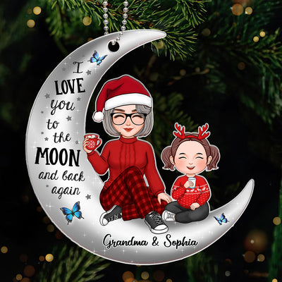 Cute Grandma & Grandkid On Silver Moon Christmas Gift For Granddaughter Grandson Personalized Acrylic Ornament