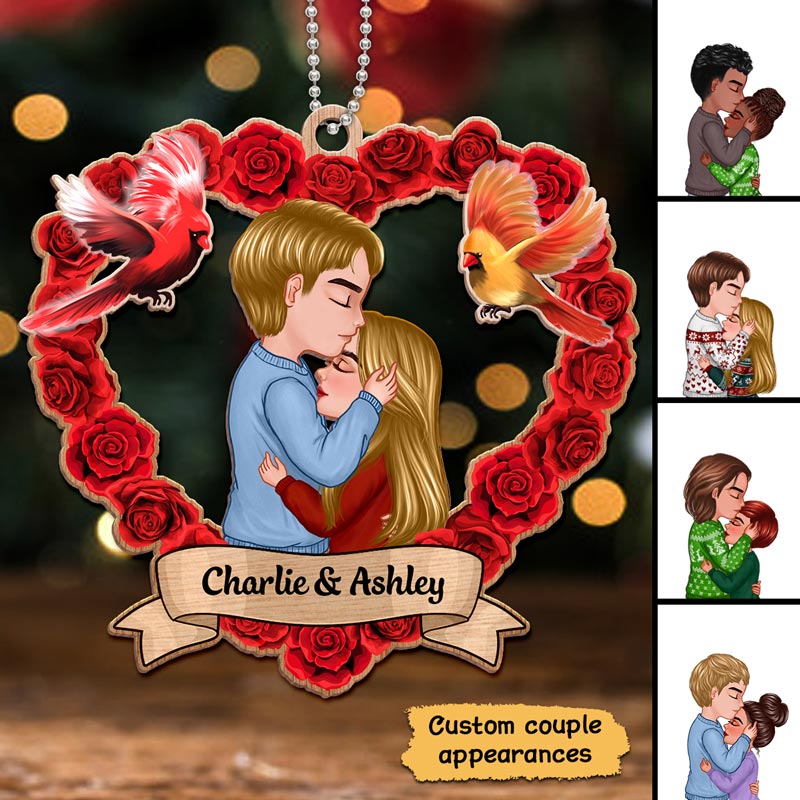 Rose Heart Couple Personalized Christmas Wooden Ornament