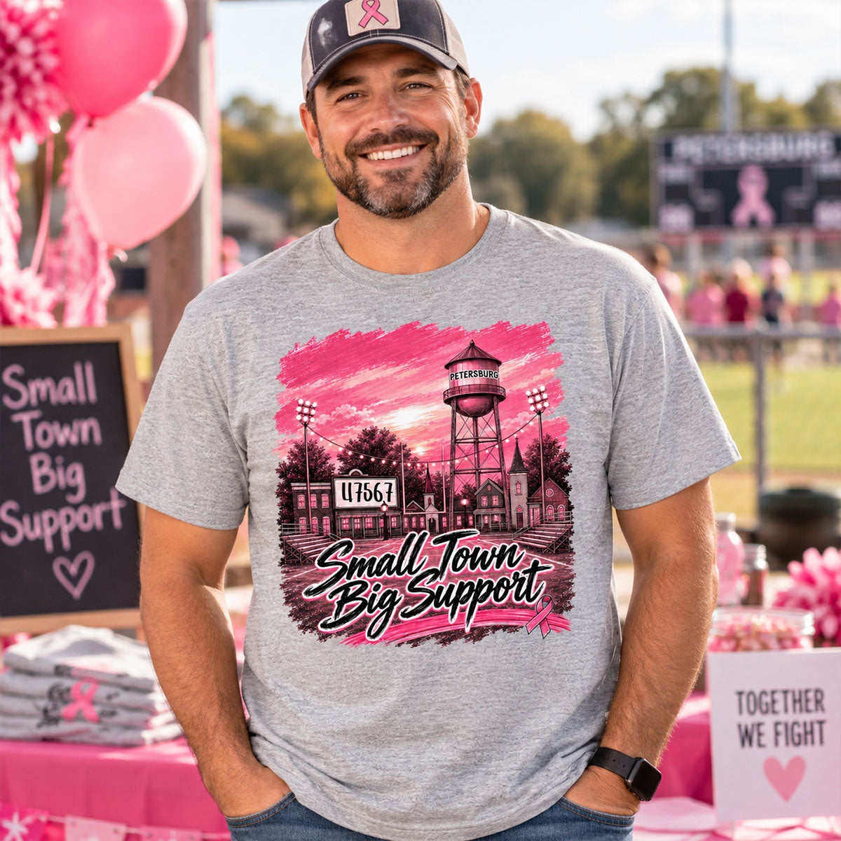 Small Town Big Support Breast Cancer Ribbon Football - Personalized Shirt - Coquette Game Day Mom Tee