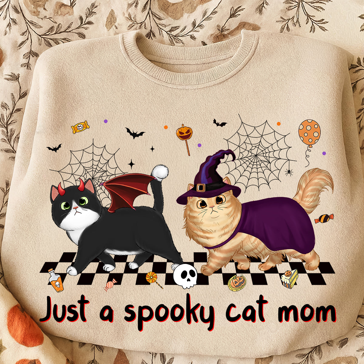 Just A Spooky Cat Mom Fluffy Cat Personalized Sweatshirt, Halloween Costume For Cat Lover