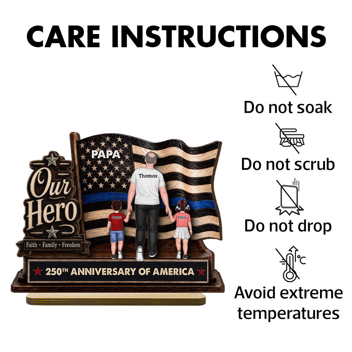 Dad Grandpa Our Hero American Flag 2D Flat - Personalized 2-Layered Wooden Plaque -  Gift For Patriotic Dad, Grandpa, Husband
