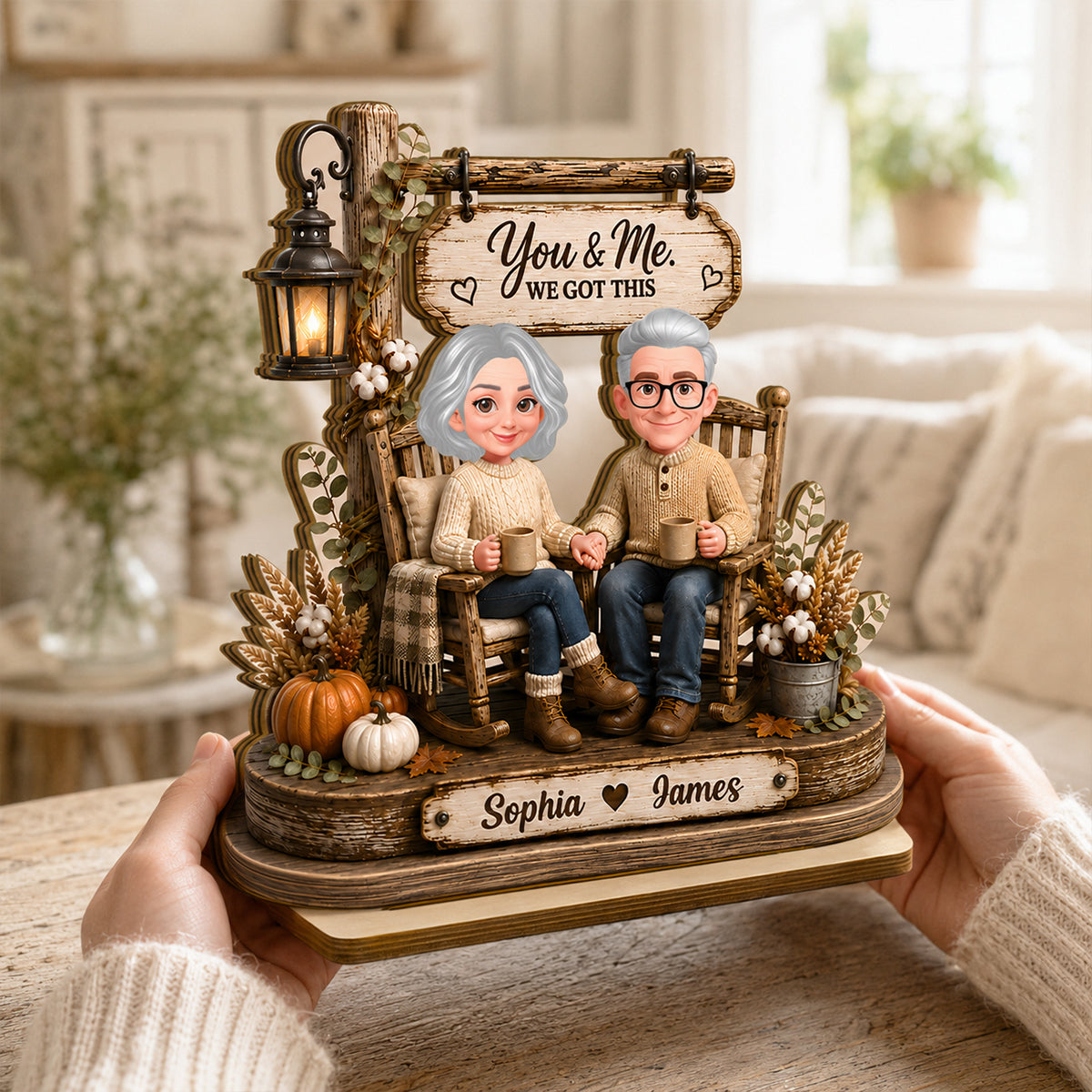 Husband Wife Sitting on Rocking Chair - Personalized 2-Layered Wooden Plaque - Anniversary Gift for Her, for Him