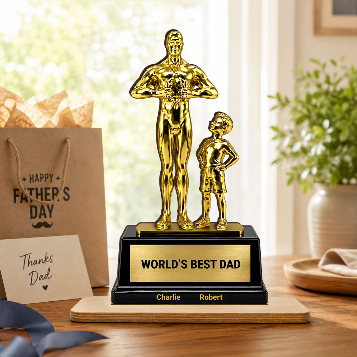 World's Best Dad Trophy - Personalized 2-Layered Wooden Plaque - Father's Day Gift for Dad, Husband