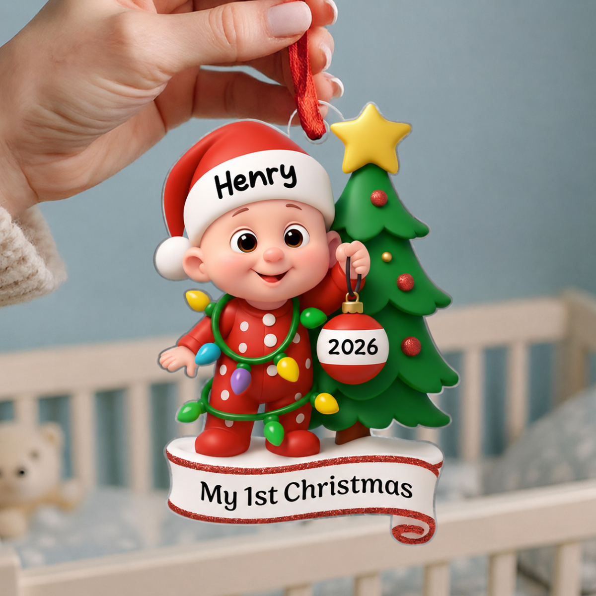 Baby's 1st Christmas Holding Bauble Personalized Acrylic Ornament, Christmas Gift for Baby, Christmas Keepsake