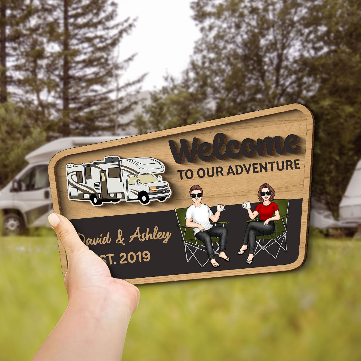 Welcome To Our Adventure Camping Life Personalized 2-Layer Wooden Door Sign, Outdoor Sign Home Decor