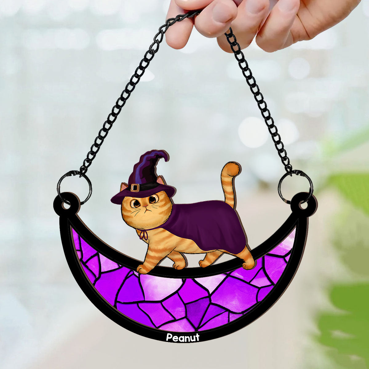 Halloween Cat Walking On Moon Personalized Suncatcher, Halloween Decoration