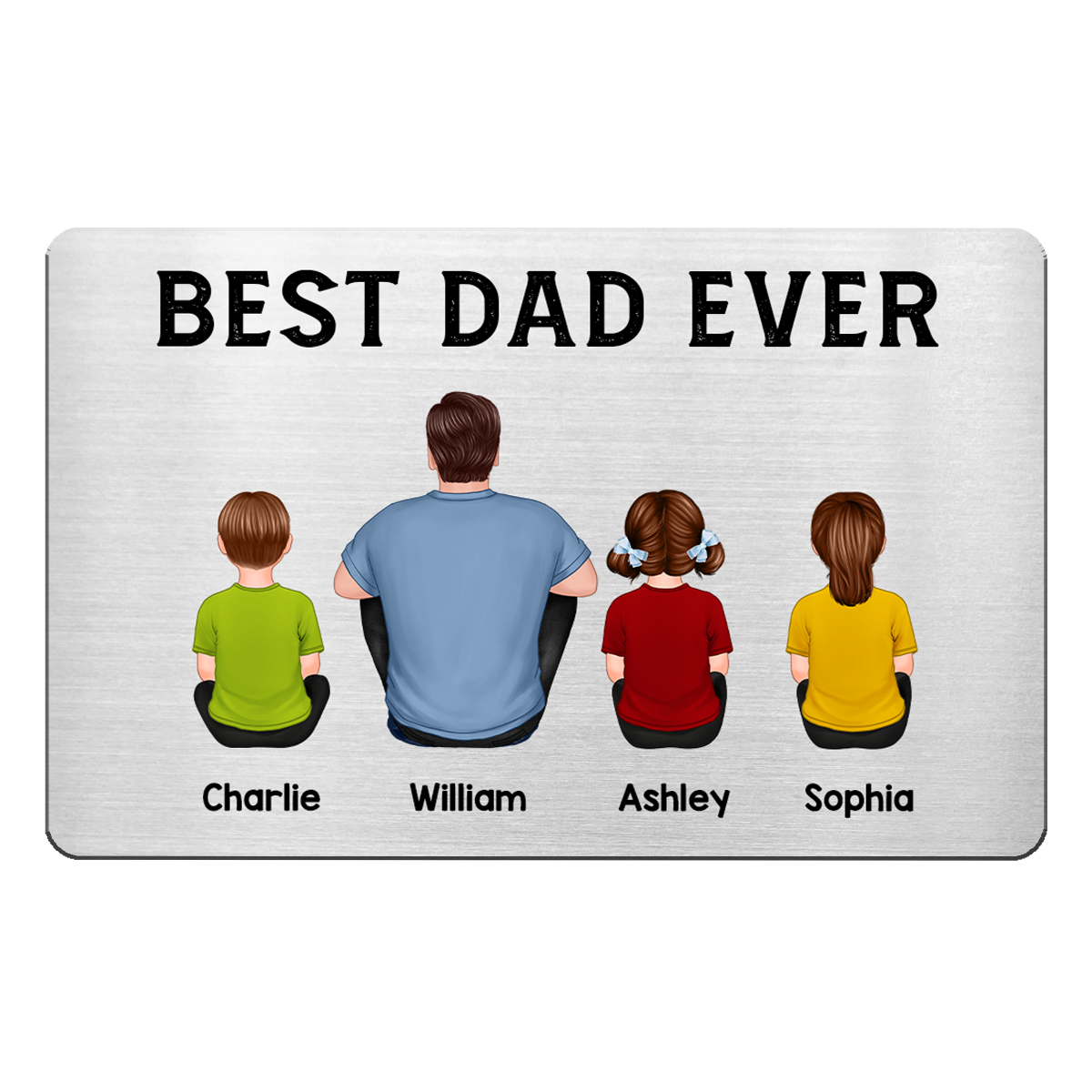 Back View Dad And Kids Dogs Cats Sitting Best Dad Ever Personalized Metal Wallet Card