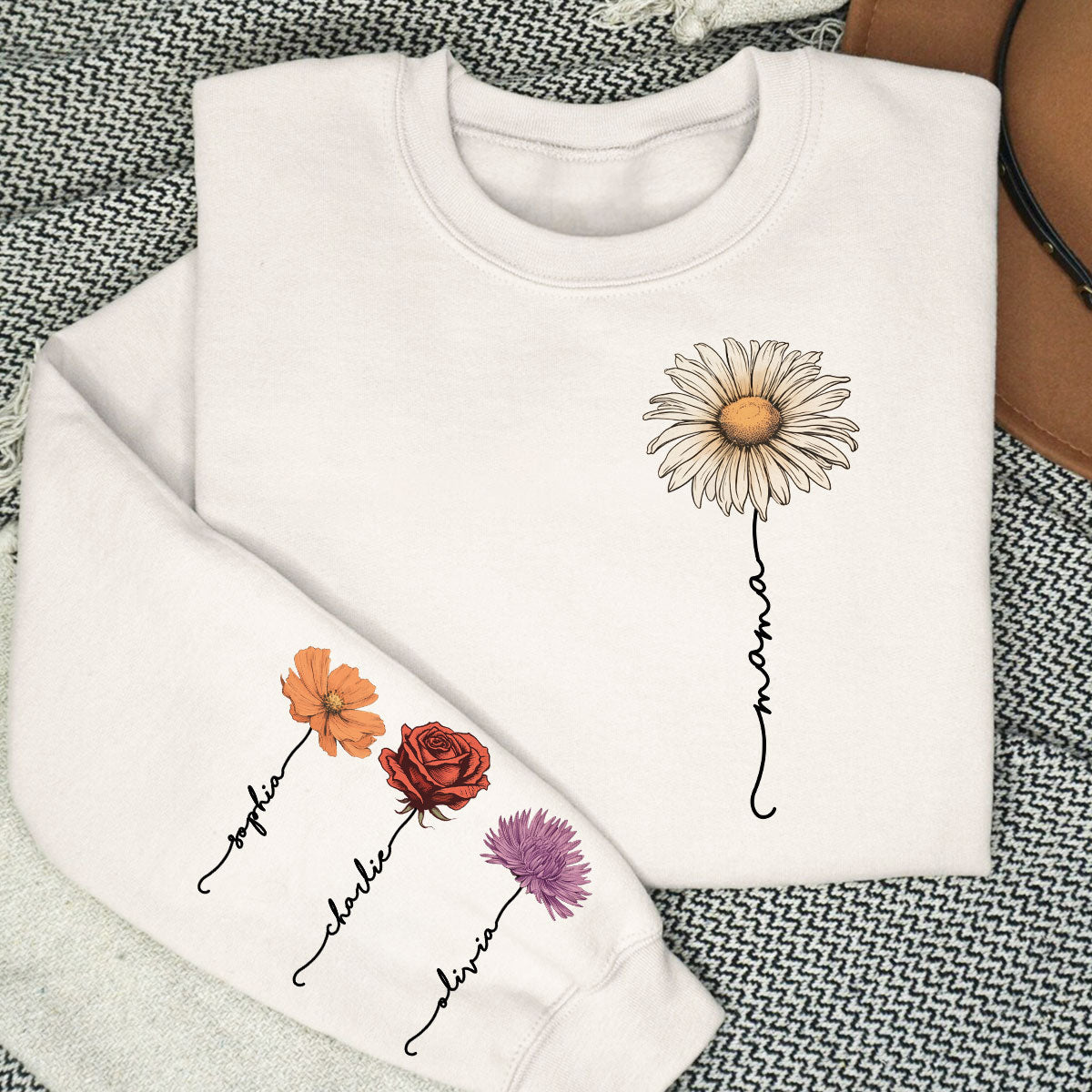 Mama Mom Grandma Birth Month Flower Personalized Sleeve Printed Sweatshirt