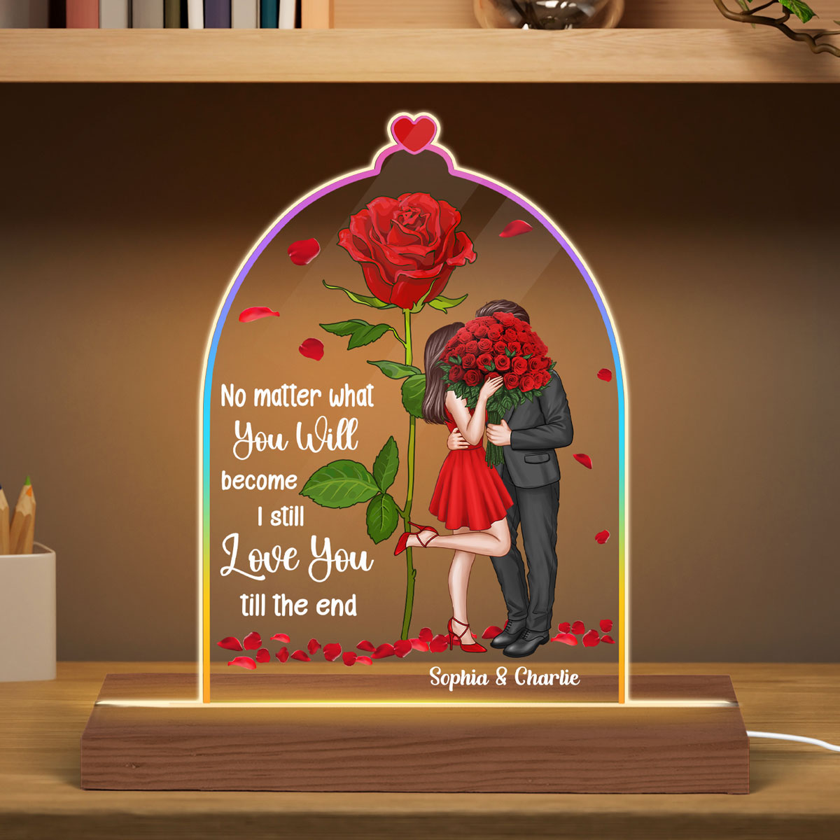 Standing Couple Kissing Rose Personalized Dome Shaped Acrylic LED Night Light