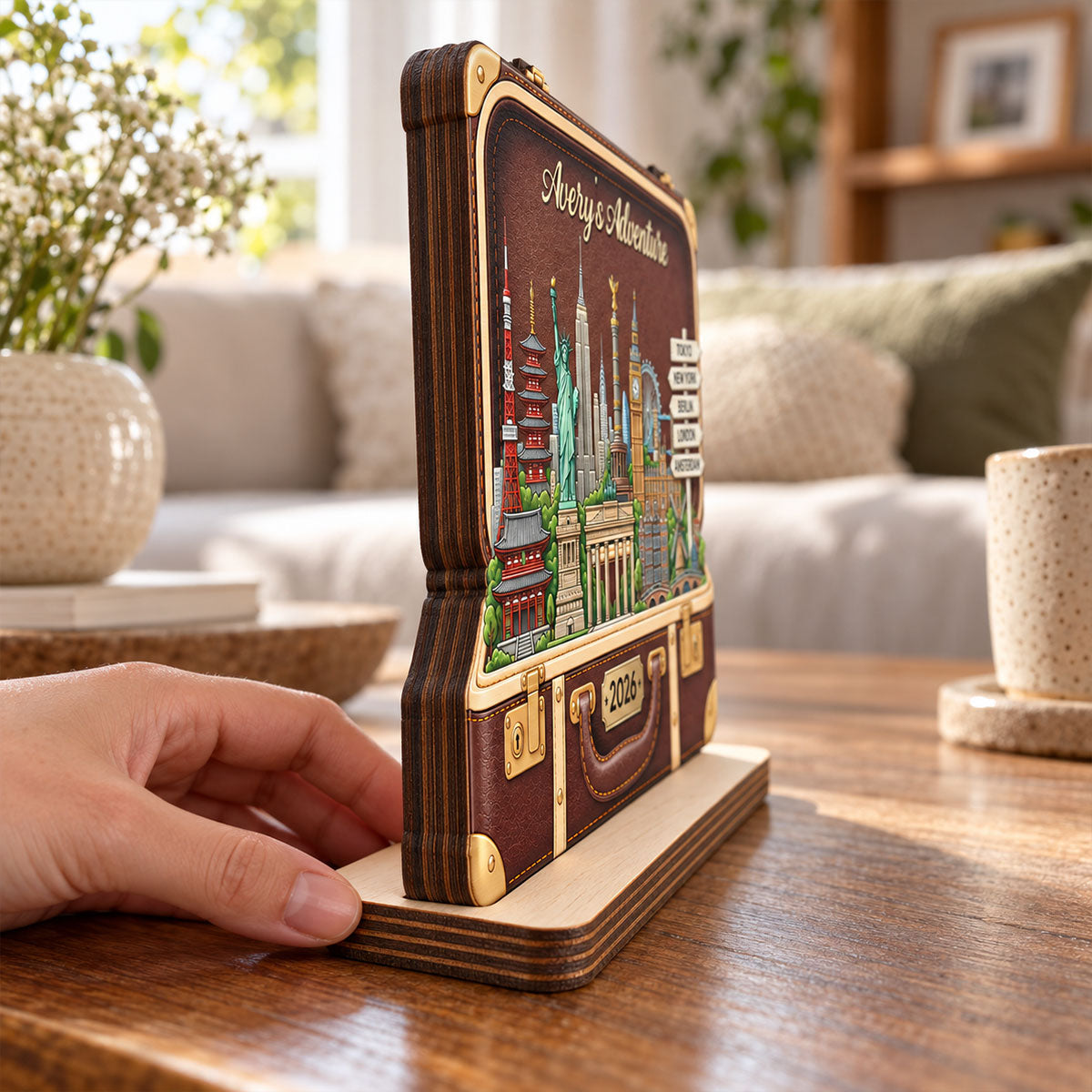 Custom Travel Adventure Suitcase 2D Flat Printed - Personalized 2-Layered Wooden Plaque - Traveling Destination Keepsake, Christmas Gift For Traveling Lovers