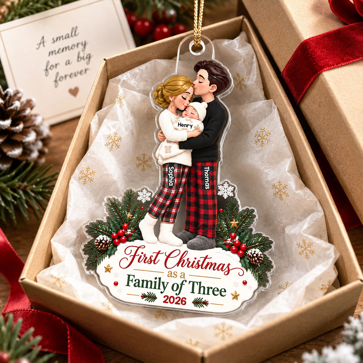 Our First Christmas As Family Of Three 2D Flat Printed - Personalized Acrylic Ornament - Christmas Tree Keepsake For New Parents