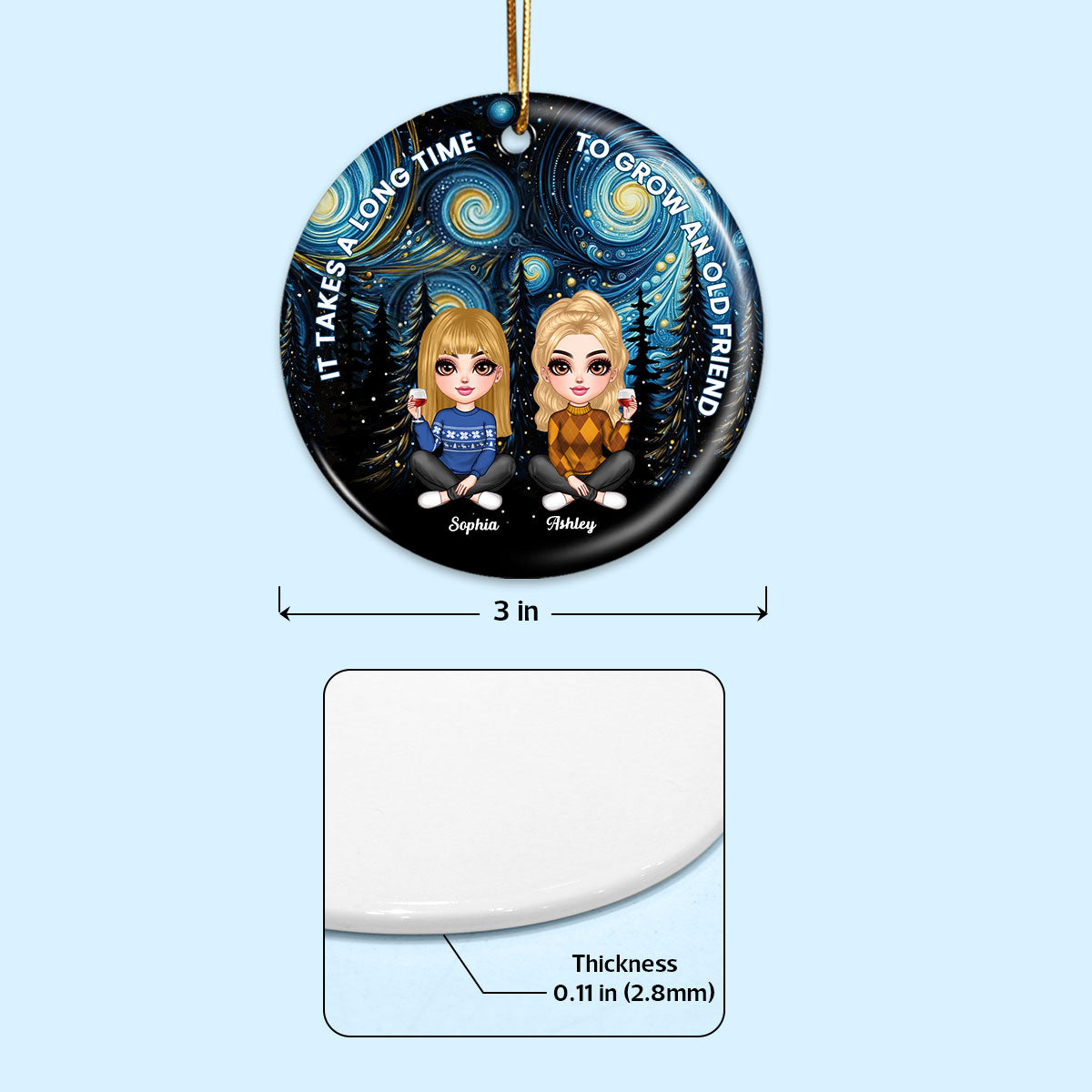 Starry Night Besties Sisters Sitting Personalized Circle Ceramic Ornament, Christmas Gift