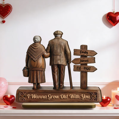 Old Couple Walking Side By Side Sign Post 2D Flat - Personalized 2-Layered Wooden Plaque
