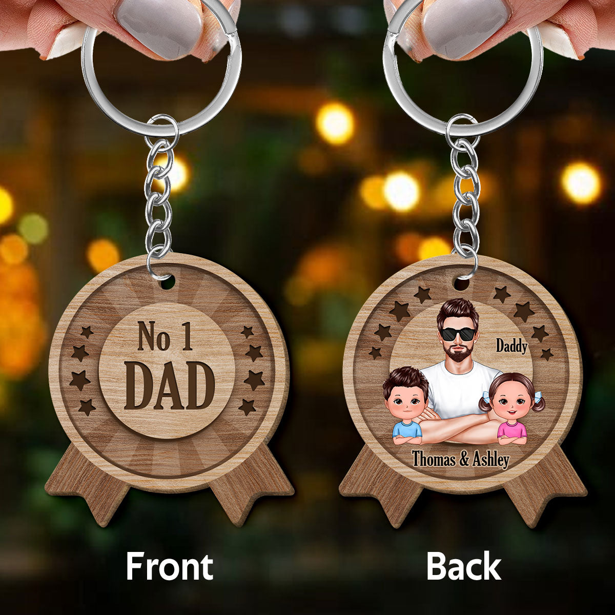 No 1 Dad Medal Personalized Wooden Keychain